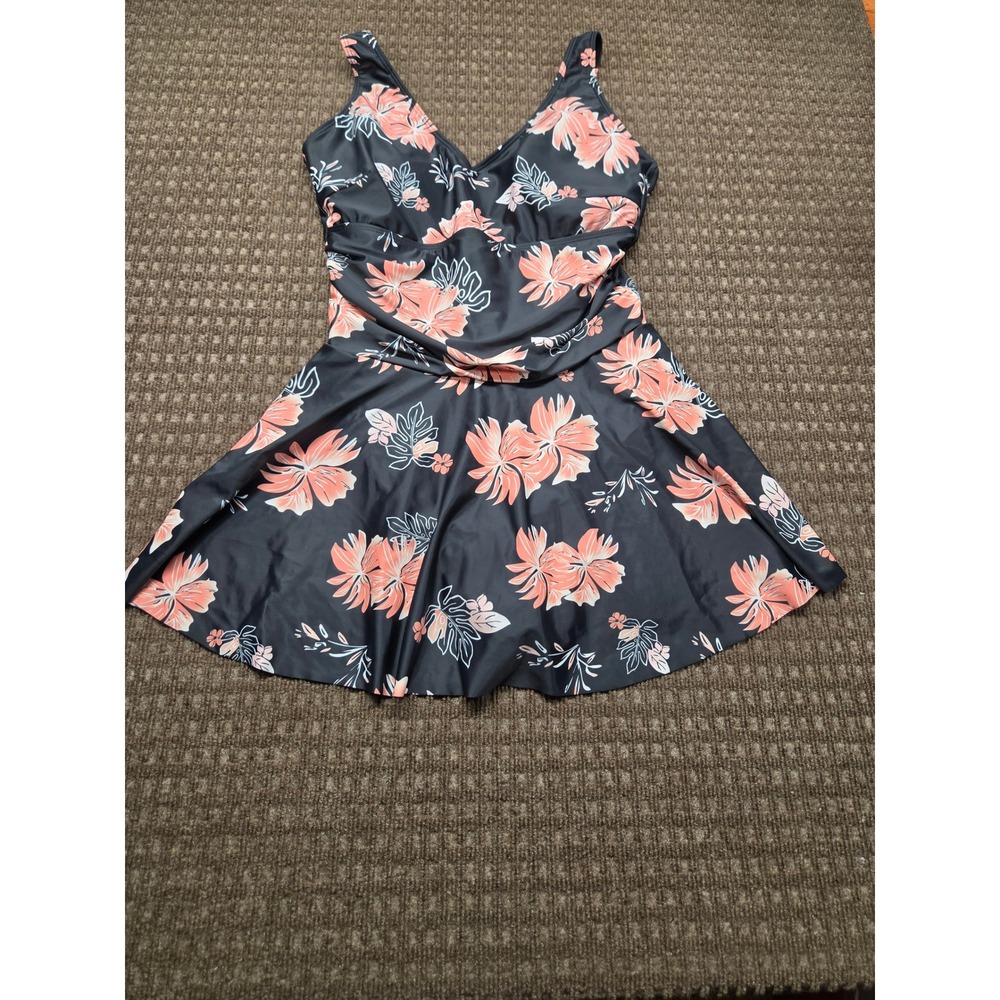 Women Tropical Floral Swim Dress One Piece Padded V-Neck Black Peach Large